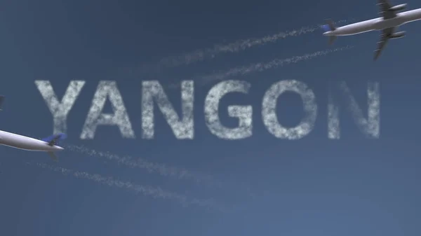 Letící letadla stezek a Yangon titulek. Cestování do Myanmaru koncepční 3d vykreslování — Stock fotografie