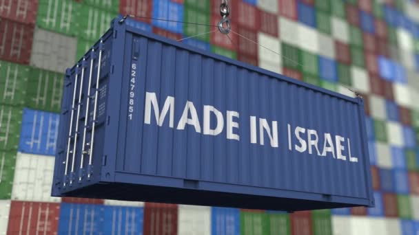 Loading container with MADE IN ISRAEL caption. Israeli import or export related loopable animation — Stock Video