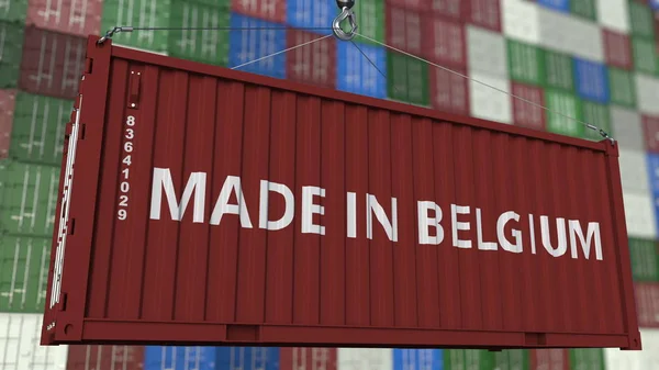 Frachtcontainer mit belgischer Bildunterschrift. Belgische Import oder Export bezogene 3D-Darstellung — Stockfoto