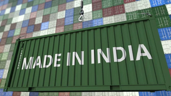 Načítání kontejneru s titulkem vyrobeno v Indii. Indické dovozní nebo vývozní související 3d vykreslování — Stock fotografie