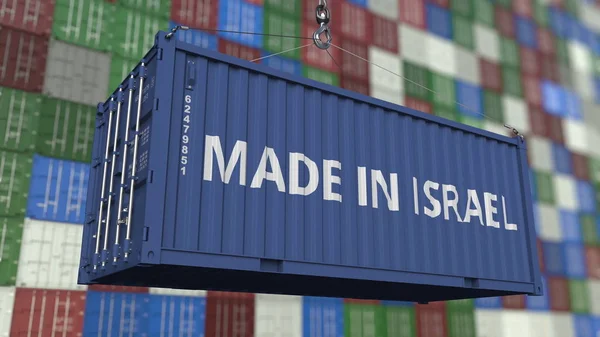 Lastning container med gjord i Israel bildtext. Israelisk import eller export med 3d-rendering — Stockfoto