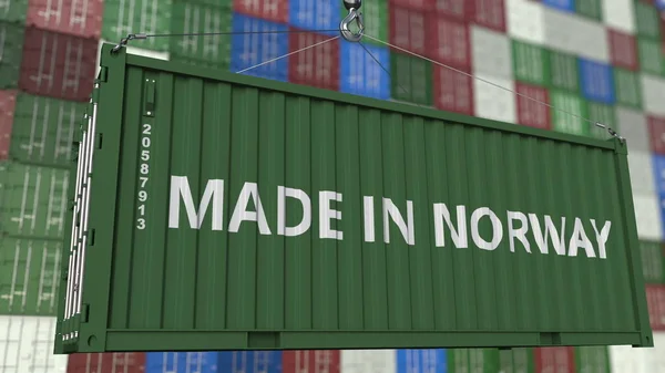 Nákladní kontejner s titulkem vyrobeno v Norsku. Norský dovozní nebo vývozní související 3d vykreslování — Stock fotografie
