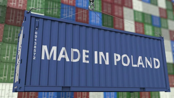 Kontejner s titulkem vyrobené v Polsku. Polský importovat nebo exportovat související 3d vykreslování — Stock fotografie