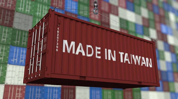 Loading container with MADE IN TAIWAN caption. Taiwanese import or export related 3D rendering — Stock Photo, Image