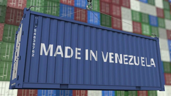 Contenedor de carga con leyenda MADE IN VENEZUELA. Importación o exportación venezolana relacionada con la representación 3D —  Fotos de Stock