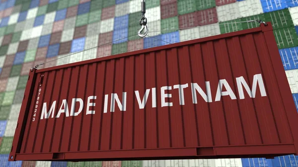 Contenedor de carga con leyenda MADE IN VIETNAM. Representación 3D relacionada con la importación o exportación de Vietnam —  Fotos de Stock
