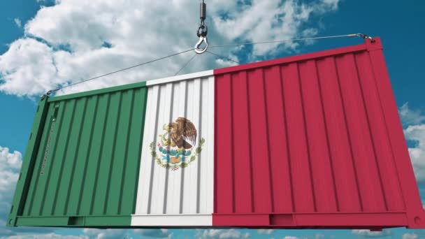 Контейнер с флагом Мексики. Концептуальная 3D анимация, связанная с импортом или экспортом — стоковое видео