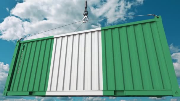 Cargo container met vlag van Nigeria. Nigeriaanse import of export gerelateerde conceptuele 3d animatie — Stockvideo