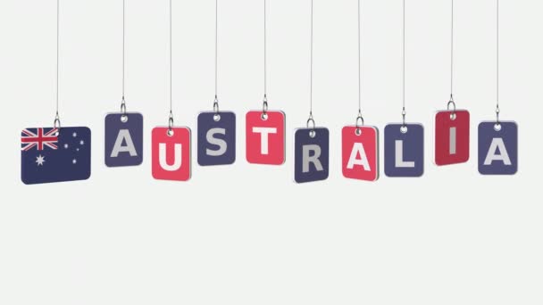 AUSTRALIA pie de foto y bandera australiana en los platos basculantes, loopable intro animación. Alfa mate para facilitar el cambio de fondo — Vídeos de Stock