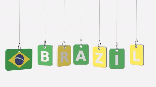 BRAZIL caption and Brazilian flag on swinging plates, loopable intro animation. Alpha matte for easy background change — Stock Video