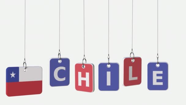 Legenda CHILE e bandeira chilena em placas balançando, animação de introdução loopable. Alpha matte para fácil mudança de fundo — Vídeo de Stock