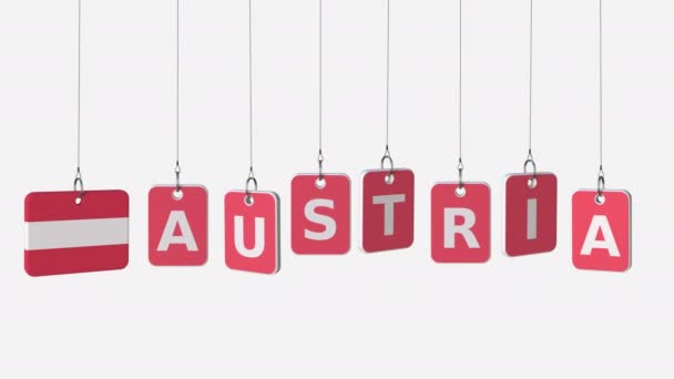 AUSTRIA заголовок и австрийский флаг на раскачивающихся тарелках, зацикленная вступительная анимация. Альфа-мат для легкой замены фона — стоковое видео