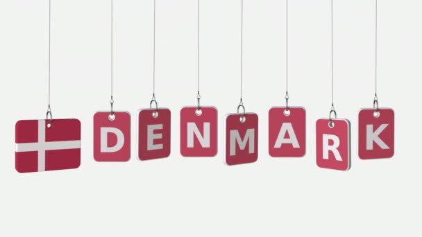Legenda DINAMARCA e bandeira dinamarquesa em placas balançando, animação de introdução loopable. Alpha matte para fácil mudança de fundo — Vídeo de Stock