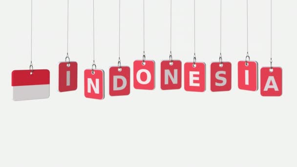 Legenda INDONÉSIA e bandeira indonésia em placas balançando, animação de introdução loopable. Alpha matte para fácil mudança de fundo — Vídeo de Stock