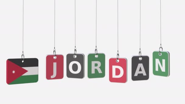 Jordan bildtext och jordanska flagga på svängig tallrikar, loopable intro animation. Alpha Matt för enkel bakgrund förändring — Stockvideo