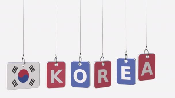 Подпись KOREA и флаг на раскачивающихся тарелках, зацикленная вступительная анимация. Альфа-мат для легкой замены фона — стоковое видео