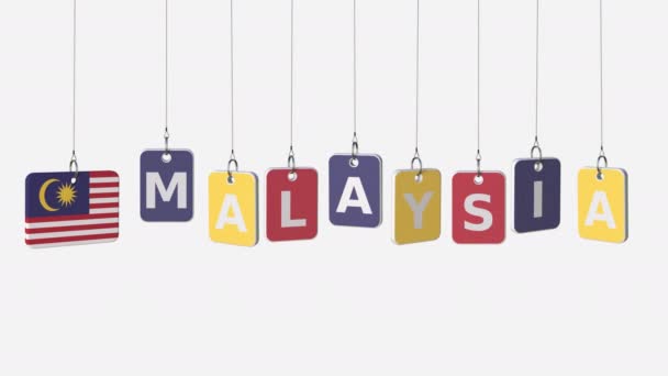 Didascalia MALAYSIA e bandiera malese su targhe oscillanti, animazione introduttiva a loop. Alpha opaco per un facile cambio di sfondo — Video Stock