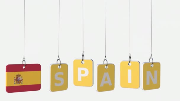 SPAIN caption and Spanish flag on swinging plates, loopable intro animation. Alpha matte for easy background change — Stock Video