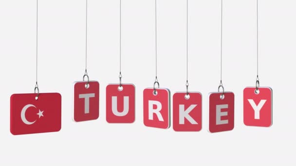 Truthahn-Bildunterschrift und türkische Flagge auf schwingenden Tellern, loopable Intro-Animation. alpha matt für einfache Hintergrundveränderung — Stockvideo