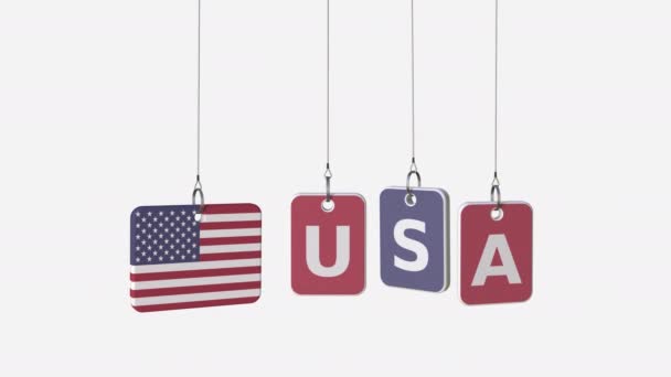 Usa Bildunterschrift und Flagge der Vereinigten Staaten auf schwingenden Tellern, loopable Intro-Animation. alpha matt für einfache Hintergrundveränderung — Stockvideo