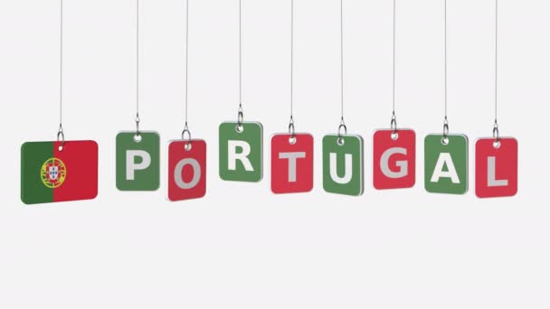 PORTUGAL caption and Portuguese flag on swinging plates, loopable intro animation. Alpha matte for easy background change — Stock Video