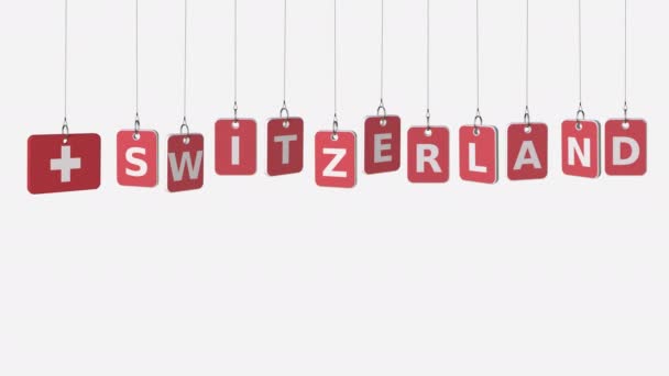 Zwitserland bijschrift en Zwitserse vlag op swingende platen, loopbare intro animatie. Alpha mat voor eenvoudige achtergrond wijzigen — Stockvideo