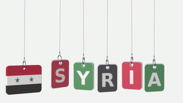 SIRIA leyenda y bandera siria en las placas oscilantes, loopable intro animación. Alfa mate para facilitar el cambio de fondo — Vídeos de Stock