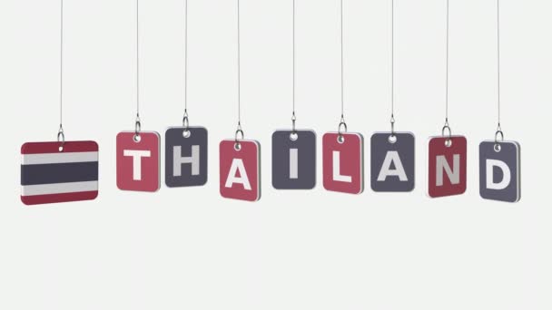 Заголовок THAILAND и тайский флаг на раскачивающихся тарелках, зацикленная вступительная анимация. Альфа-мат для легкой замены фона — стоковое видео