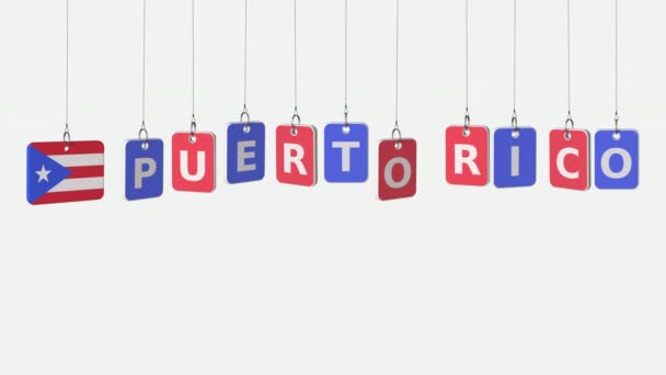 Subtítulos de PUERTO RICO y bandera en placas basculantes, animación de introducción loopable. Alfa mate para facilitar el cambio de fondo — Vídeo de stock