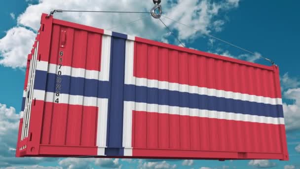 Recipiente com bandeira da Noruega. Animação 3D conceitual relacionada com a importação ou exportação norueguesa — Vídeo de Stock