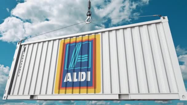 Aldi-Logo auf einem Industriecontainer. redaktionelle Animation — Stockvideo
