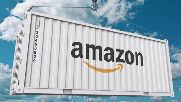 Container met Amazon logo transport. Redactionele animatie — Stockvideo