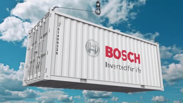 Carregando contêiner de carga com logotipo Bosch. Animação 3D editorial — Vídeo de Stock