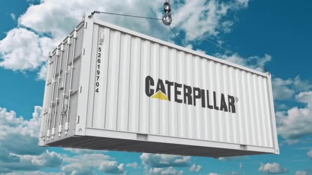 Frachtcontainer mit Raupen-Logo. konzeptionelle redaktionelle Animation — Stockvideo