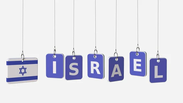 Leyenda de ISRAEL y bandera israelí en placas basculantes, representación 3D — Foto de Stock