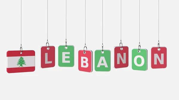 Legenda LEBANON e bandeira libanesa em placas balançando, renderização 3D — Fotografia de Stock