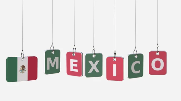 Leyenda de MÉXICO y bandera mexicana en placas basculantes, representación 3D —  Fotos de Stock