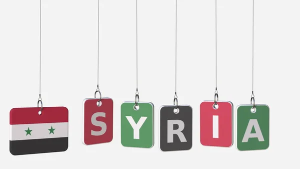 Συρία λεζάντα και Συρίας σημαίας αιωρούνται πλάκες, 3d rendering — Φωτογραφία Αρχείου