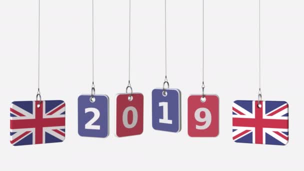 Tags featuring flags of BRITAIN and 2019 text. Alpha matte for easy background change — Stock Video