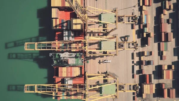 Vista aérea de cima para baixo do grande navio de carga que está sendo descarregado no pátio do contêiner do porto — Fotografia de Stock