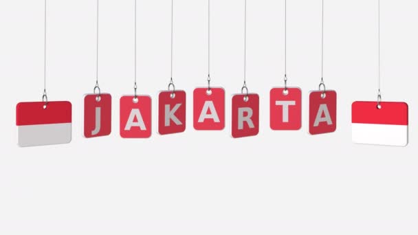 Banderas de INDONESIA y Yakarta texto sobre placas colgantes. Alfa mate para un simple cambio de fondo — Vídeos de Stock