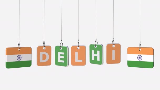 Метки с флагами INDIA и Дели текста. Альфа-мат для легкой замены фона — стоковое видео