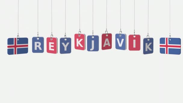 Plaques suspendues avec des drapeaux de l'ISLANDE et la légende Reykjavik. Animation conceptuelle avec alpha mat — Video