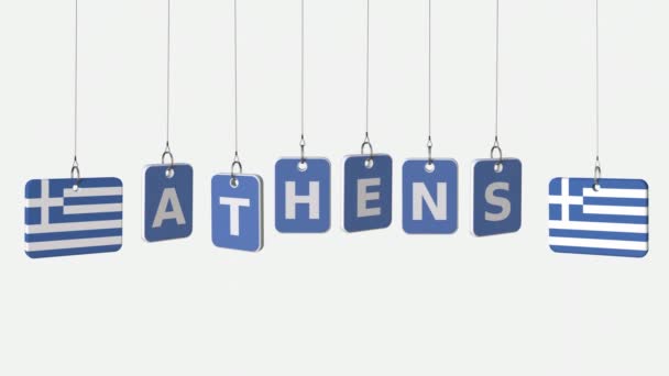 Hanging plates with flags of GREECE and Athens caption. Conceptual animation with alpha matte — Stock Video