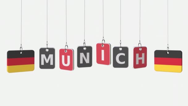 Drapeaux de l'ALLEMAGNE et de Munich texte sur les plaques suspendues. Alpha mat pour un changement de fond simple — Video