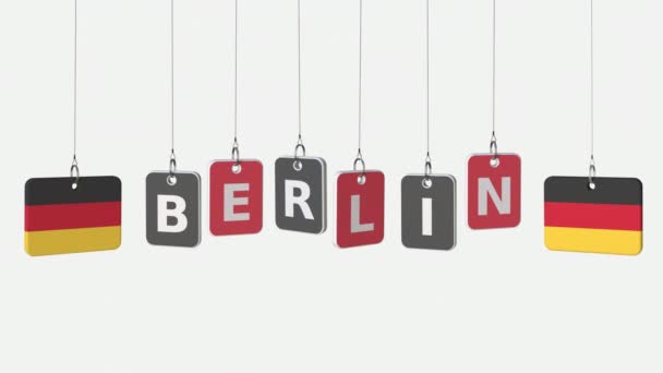 Závěsné desky s vlajkami Německa a Berlína titulku. Konceptuální animace s Alfa podkladu — Stock video