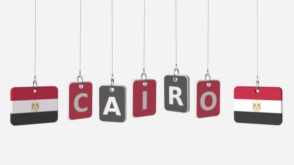 Bandeiras de texto EGITO e Cairo em placas penduradas. Alpha matte para simples mudança de fundo — Vídeo de Stock