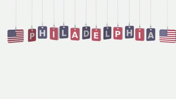 Piastre appese con bandiere degli Stati Uniti e didascalia Philadelphia. Animazione concettuale con alpha matte — Video Stock