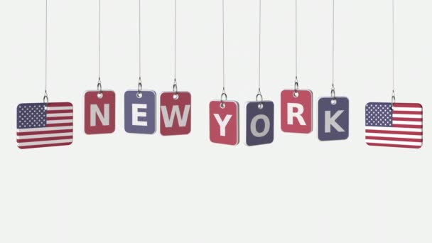 Bandiere degli Stati Uniti e testo di New York su targhe appese. Alpha matte per un semplice cambio di sfondo — Video Stock