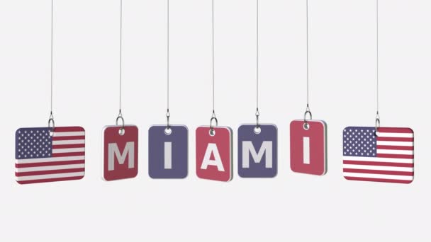 Piastre appese con bandiere degli Stati Uniti e didascalia Miami. Animazione concettuale con alpha matte — Video Stock